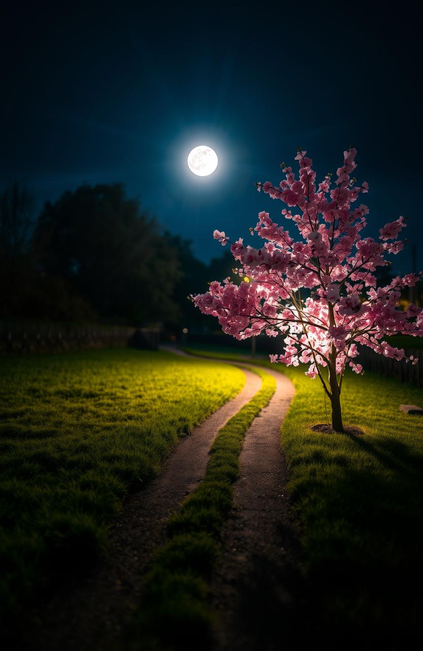 A serene nighttime scene featuring a picturesque footpath lined with soft grass, illuminated by gentle moonlight