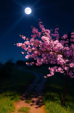 A serene nighttime scene featuring a picturesque footpath lined with soft grass, illuminated by gentle moonlight