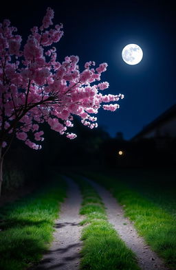 A serene nighttime scene featuring a picturesque footpath lined with soft grass, illuminated by gentle moonlight