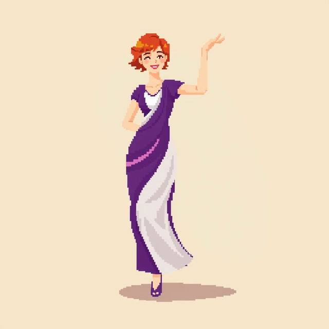 A pixel art image of a Christian dancer wearing a long purple and white dress