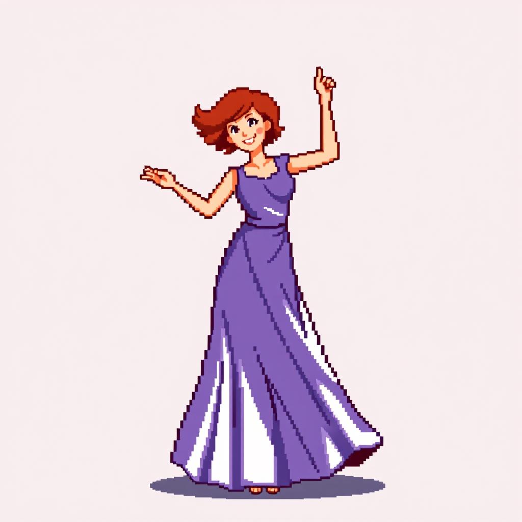 A pixel art image of a Christian dancer wearing a long purple and white dress