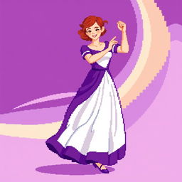 A pixel art image of a Christian dancer wearing a long purple and white dress