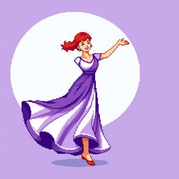 A pixel art image of a Christian dancer wearing a long purple and white dress
