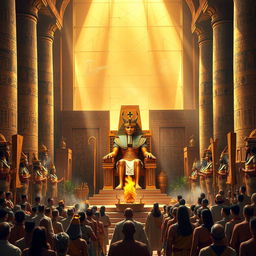 A grand and intricate scene depicting the coronation ceremony of Ramses II, showcasing ancient Egyptian rituals and symbols of power
