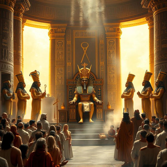 A grand and intricate scene depicting the coronation ceremony of Ramses II, showcasing ancient Egyptian rituals and symbols of power