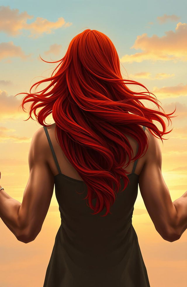 A woman with flowing red hair, her back turned to the viewer, with her vibrant hair cascading down attractively, emphasizing her centered position in the image