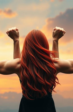 A woman with flowing red hair, her back turned to the viewer, with her vibrant hair cascading down attractively, emphasizing her centered position in the image