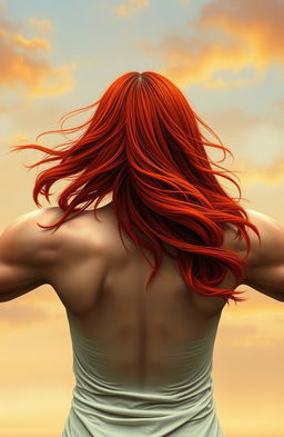 A woman with flowing red hair, her back turned to the viewer, with her vibrant hair cascading down attractively, emphasizing her centered position in the image