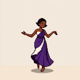 A pixel art image of a Christian dancer with very short hair styled like Leon Scott Kennedy, wearing a long purple and white dress