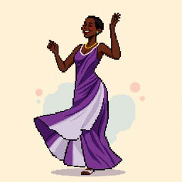A pixel art image of a Christian dancer with very short hair styled like Leon Scott Kennedy, wearing a long purple and white dress
