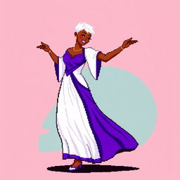 A pixel art image of a Christian dancer with very short hair styled like Leon Scott Kennedy, wearing a long purple and white dress