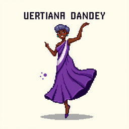 A pixel art image of a Christian dancer with very short hair styled like Leon Scott Kennedy, wearing a long purple and white dress