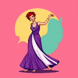 A pixel art image of a Christian dancer with very short red hair styled like Leon Scott Kennedy, wearing a long purple and white dress
