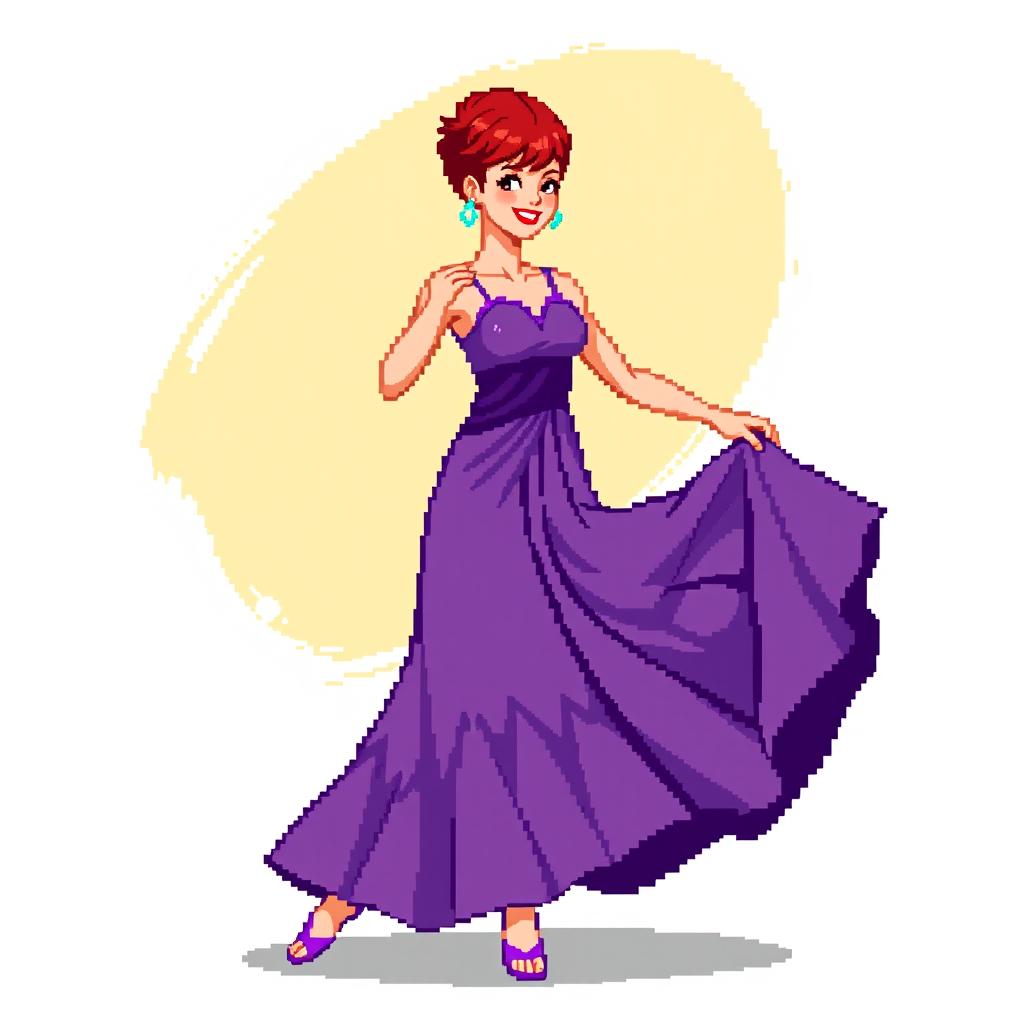 A pixel art image of a Christian dancer with very short red hair styled like Leon Scott Kennedy, wearing a long purple and white dress