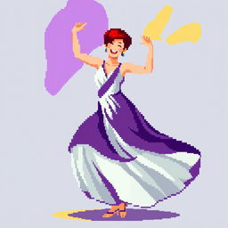 A pixel art image of a Christian dancer with very short red hair styled like Leon Scott Kennedy, wearing a long purple and white dress
