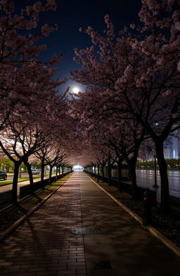 A serene city footpath lined with beautiful cherry blossom trees in full bloom, their delicate pink petals gently falling on the ground