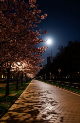 A serene city footpath lined with beautiful cherry blossom trees in full bloom, their delicate pink petals gently falling on the ground