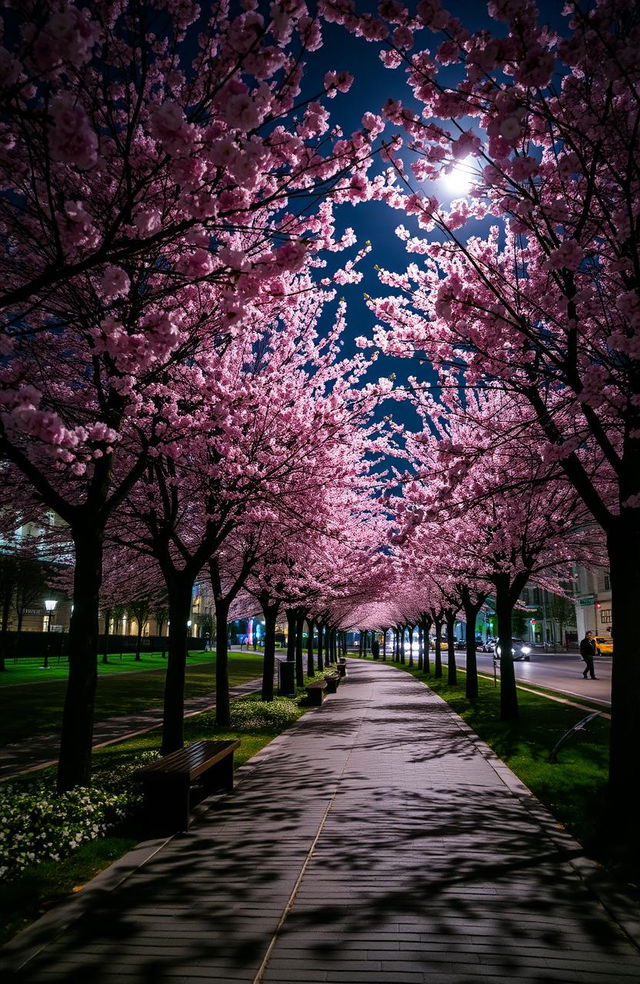 A serene city footpath lined with beautiful cherry blossom trees in full bloom, their delicate pink petals gently falling on the ground