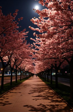 A serene city footpath lined with beautiful cherry blossom trees in full bloom, their delicate pink petals gently falling on the ground