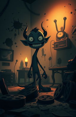 A dark and moody scene inspired by a haunted animation studio, featuring a cartoonish retro aesthetic with splashes of ink