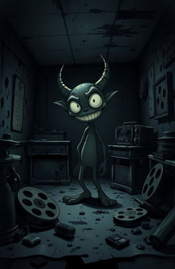 A dark and moody scene inspired by a haunted animation studio, featuring a cartoonish retro aesthetic with splashes of ink