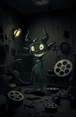 A dark and moody scene inspired by a haunted animation studio, featuring a cartoonish retro aesthetic with splashes of ink