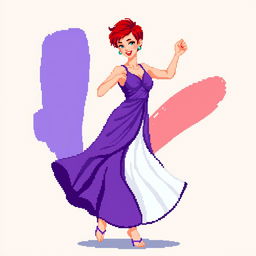 A pixel art image of a Christian dancer with very short red hair styled like Leon Scott Kennedy, wearing a dress that beautifully combines purple and white