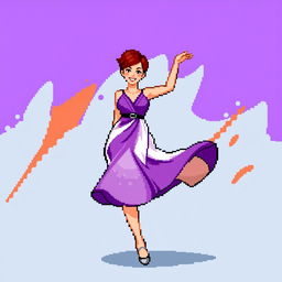 A pixel art image of a Christian dancer with very short red hair styled like Leon Scott Kennedy, wearing a dress that beautifully combines purple and white