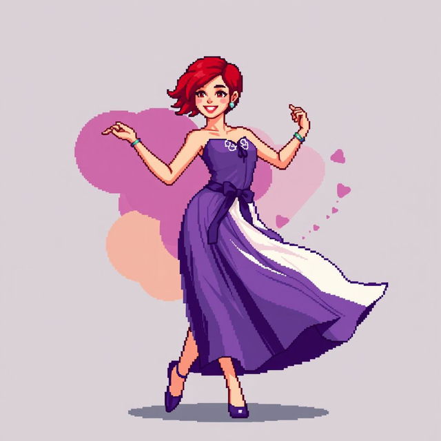 A pixel art image of a Christian dancer with very short red hair styled like Leon Scott Kennedy, wearing a dress that beautifully combines purple and white