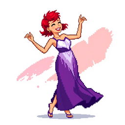 A pixel art image of a Christian dancer with very short red hair styled like Leon Scott Kennedy, wearing a dress that beautifully combines purple and white