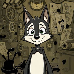 A stylized illustration of Boris from 'Bendy and the Ink Machine', depicted as an anthropomorphic wolf character with distinctive cartoonish features