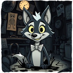A stylized illustration of Boris from 'Bendy and the Ink Machine', depicted as an anthropomorphic wolf character with distinctive cartoonish features