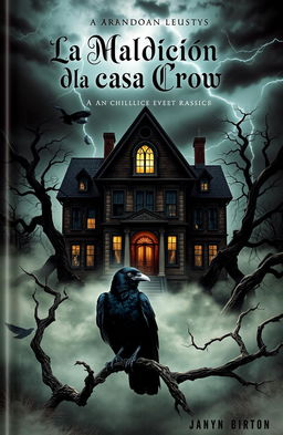 A captivating book cover for 'La Maldición de la Casa Crow', featuring a haunting, abandoned mansion surrounded by twisted trees and mist swirling around its base