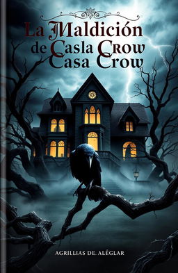 A captivating book cover for 'La Maldición de la Casa Crow', featuring a haunting, abandoned mansion surrounded by twisted trees and mist swirling around its base