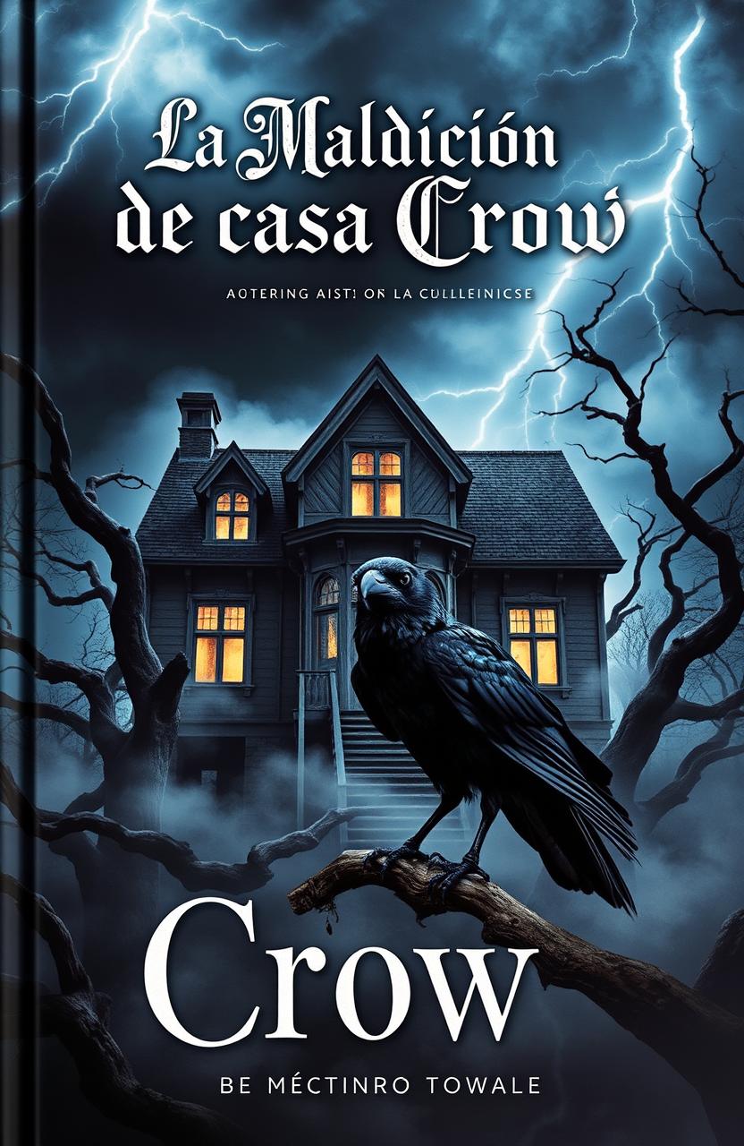 A captivating book cover for 'La Maldición de la Casa Crow', featuring a haunting, abandoned mansion surrounded by twisted trees and mist swirling around its base