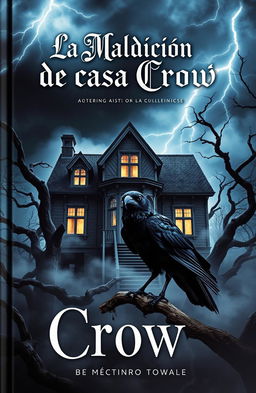 A captivating book cover for 'La Maldición de la Casa Crow', featuring a haunting, abandoned mansion surrounded by twisted trees and mist swirling around its base