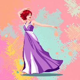 A pixel art image of a Christian dancer with very short red hair styled like Leon Scott Kennedy, showcasing a long dress that beautifully combines shades of purple and white