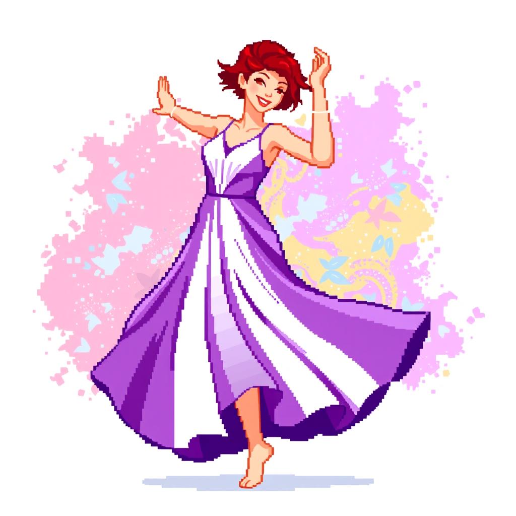 A pixel art image of a Christian dancer with very short red hair styled like Leon Scott Kennedy, showcasing a long dress that beautifully combines shades of purple and white