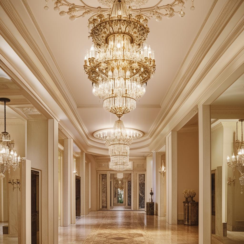 An elegant and spacious hall design with chandeliers, large ornate mirrors, high ceilings, and sophisticated furniture.