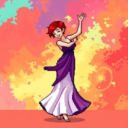 A pixel art image of a Christian dancer with very short red hair styled like Leon Scott Kennedy, showcasing a long dress that beautifully combines shades of purple and white