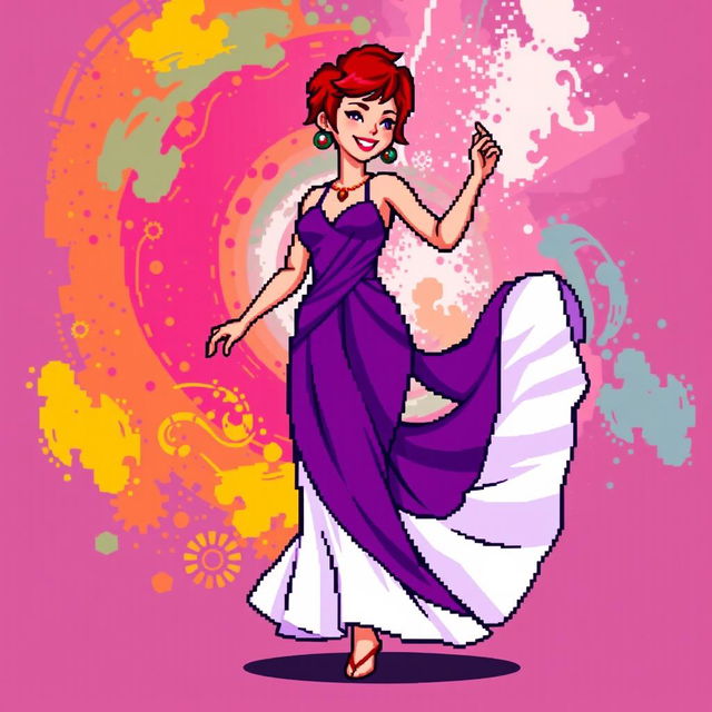 A pixel art image of a Christian dancer with very short red hair styled like Leon Scott Kennedy, showcasing a long dress that beautifully combines shades of purple and white