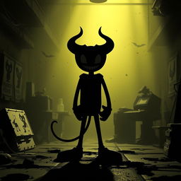 A distant silhouette of a spooky character known as the Ink Demon from the game 'Bendy and the Ink Machine'