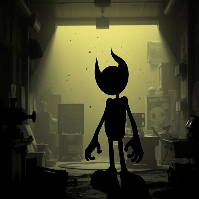 A distant silhouette of a spooky character known as the Ink Demon from the game 'Bendy and the Ink Machine'