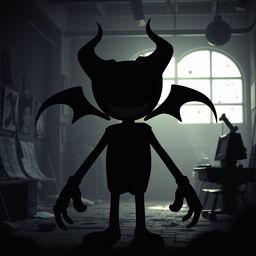 A distant silhouette of a spooky character known as the Ink Demon from the game 'Bendy and the Ink Machine'