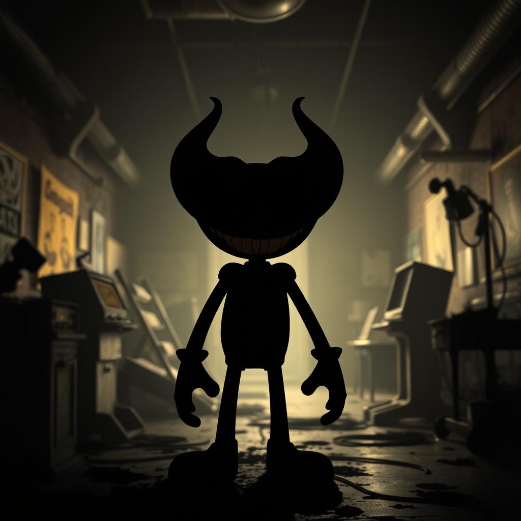 A distant silhouette of a spooky character known as the Ink Demon from the game 'Bendy and the Ink Machine'