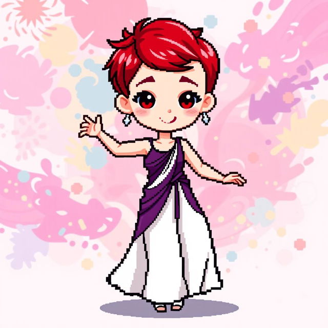 A chibi-style pixel art image of a Christian dancer with very short red hair styled like Leon Scott Kennedy, featuring a long dress that creatively combines shades of purple and white