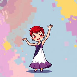 A chibi-style pixel art image of a Christian dancer with very short red hair styled like Leon Scott Kennedy, featuring a long dress that creatively combines shades of purple and white