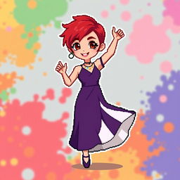 A chibi-style pixel art image of a Christian dancer with very short red hair styled like Leon Scott Kennedy, featuring a long dress that creatively combines shades of purple and white