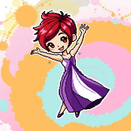 A chibi-style pixel art image of a Christian dancer with very short red hair styled like Leon Scott Kennedy, featuring a long dress that creatively combines shades of purple and white