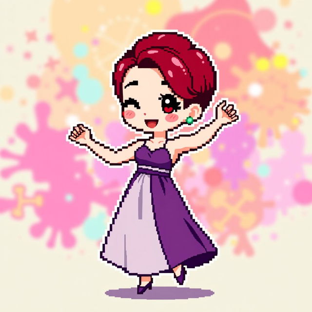 A chibi-style pixel art image of a Christian dancer with very short red hair styled like Leon Scott Kennedy, featuring a two-piece long dress where the top half is purple and the bottom half is white